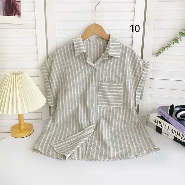 Short-Sleeve Collared Striped Shirt