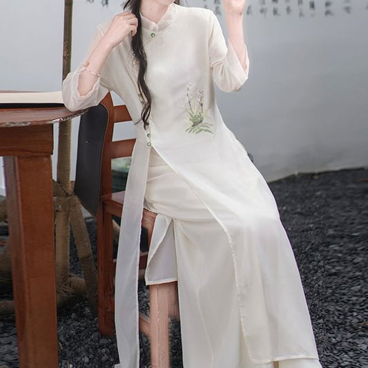 Set: 3/4-Sleeve Flower Embroidered Midi Hanfu Dress + Plain Wide Leg Pants