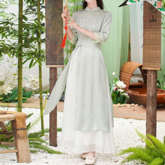 Elbow-Sleeve Floral Side-Slit Midi Hanfu Dress / High Waist Plain Wide Leg Pants / Set