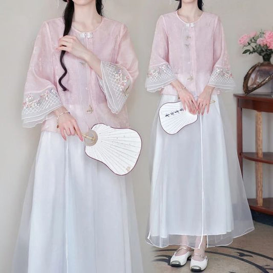 Flared-Sleeve Flower Embroidered Blouse / High Rise Plain Maxi A-Line Skirt