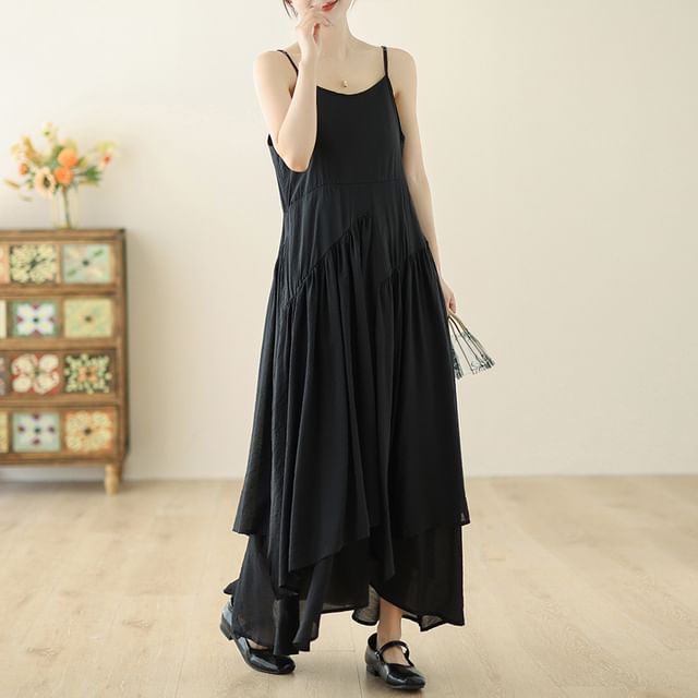 Spaghetti Strap Plain Asymmetrical Maxi Sundress