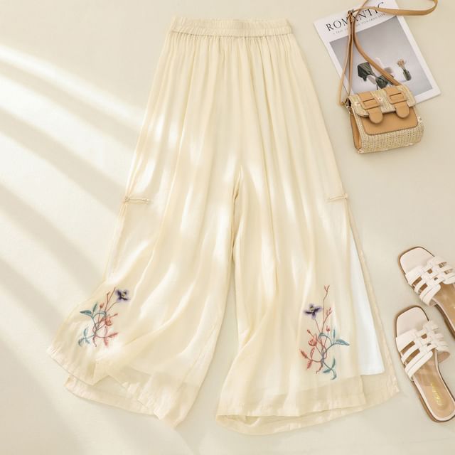 High Waist Flower Embroidered Wide Leg Pants