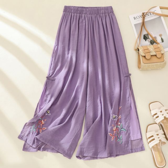 High Waist Flower Embroidered Wide Leg Pants