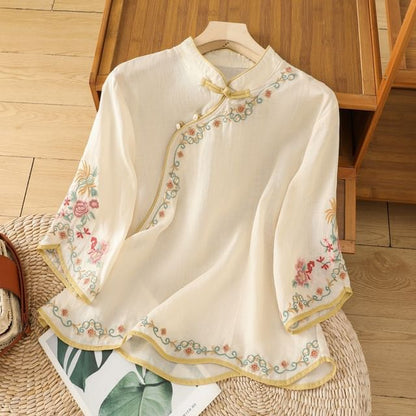 Elbow-Sleeve Flower Embroidered Blouse