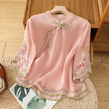 Elbow-Sleeve Flower Embroidered Blouse