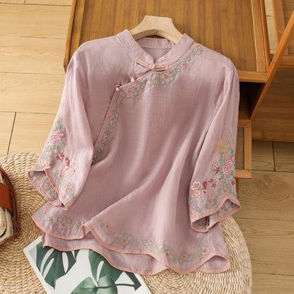 Elbow-Sleeve Flower Embroidered Blouse