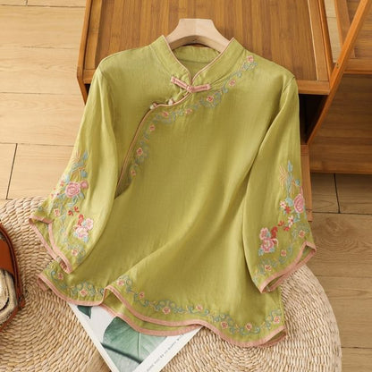 Elbow-Sleeve Flower Embroidered Blouse