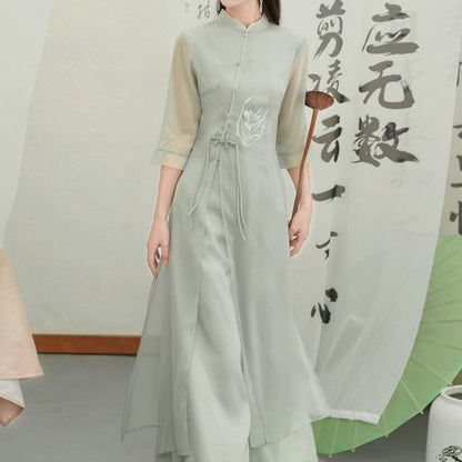 Set: Elbow-Sleeve Flower Embroidered Hanfu Blouse + High Waist Plain Wide Leg Pants