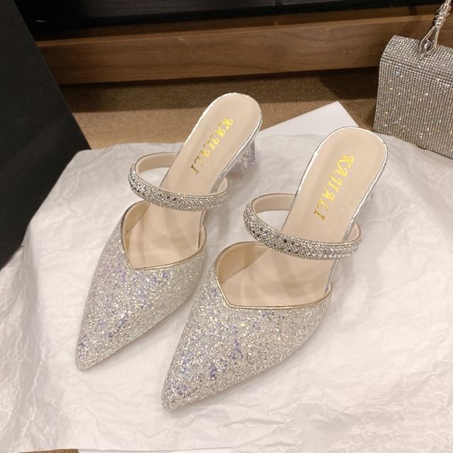 Pointy Rhinestone Sequined Chunky Heel Mules