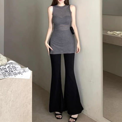 Sleeveless Crewneck Plain Top / Flared Pants