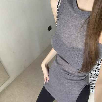 Sleeveless Crewneck Plain Top / Flared Pants