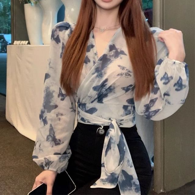 Long-Sleeve V-Neck Tie Dye Crop Top