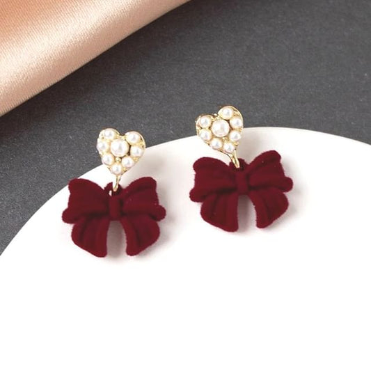 Heart Faux Pearl Bow Alloy Drop Earring