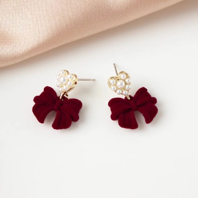 Heart Faux Pearl Bow Alloy Drop Earring