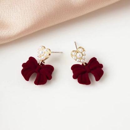 Heart Faux Pearl Bow Alloy Drop Earring