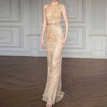 Sleeveless Sequin Embellished Sheath Evening Gown