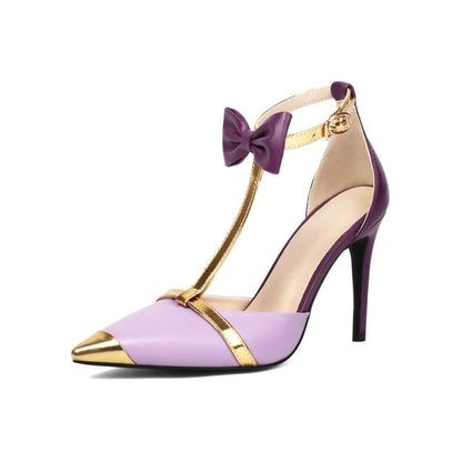 T-Strap Pointed Toe High Heel Pumps With Bowknot Buckle