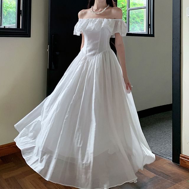 Short-Sleeve Off-Shoulder Plain Ruffle Trim Ruched Maxi A-Line Dress