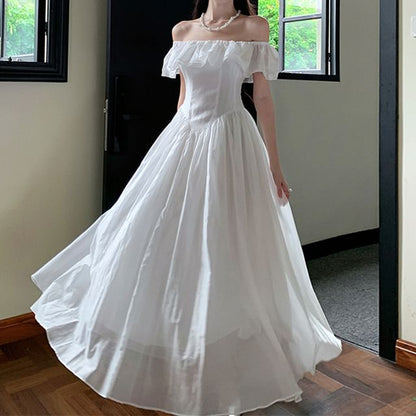 Short-Sleeve Off-Shoulder Plain Ruffle Trim Ruched Maxi A-Line Dress