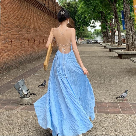 Spaghetti Strap Square Neck Plain Crinkle Open Back Maxi A-Line Dress