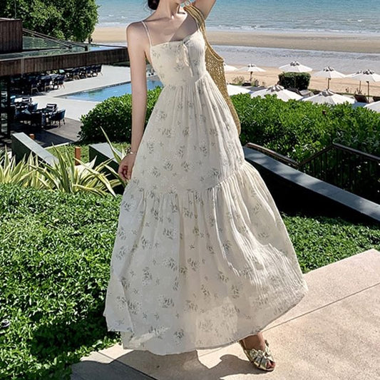 Spaghetti Strap Square Neck Floral Print Bow Accent Open Back Maxi A-Line Dress