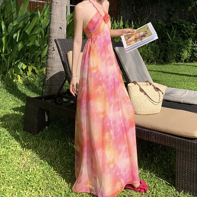 Halter Neck Tie Dye Floral Accent Ruched Open Back Maxi A-Line Dress