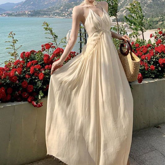 Halter V-Neck Plain Frill Trim Ruched Open Back Maxi A-Line Dress