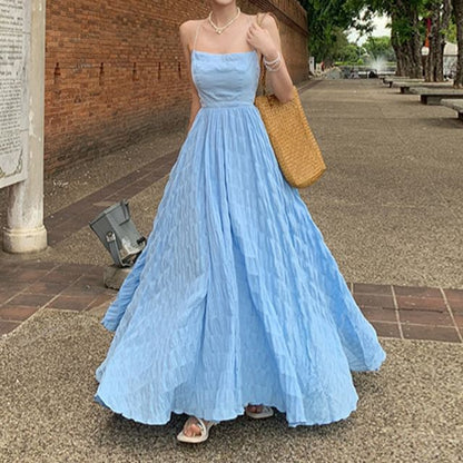 Spaghetti Strap Square Neck Plain Crinkle Open Back Maxi A-Line Dress