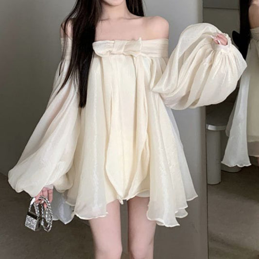 Long-Sleeve Off-Shoulder Plain Bow Accent Ruched Tunic Dress