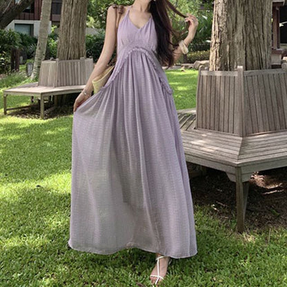 Halter V-Neck Plain Frill Trim Open Back Maxi A-Line Dress