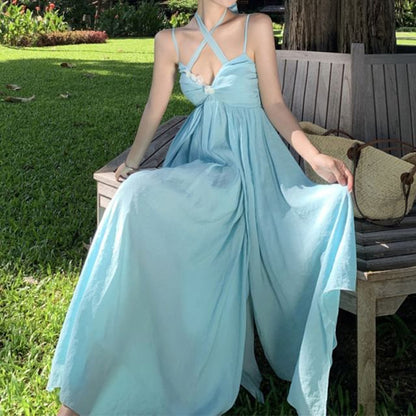 Halter Neck Plain Floral Accent Ruched Layered Open Back Maxi A-Line Dress