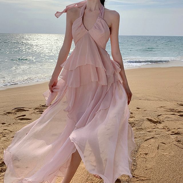 Set: Halter V-Neck Plain Layered Ruffle Open Back Top + High Rise Asymmetrical A-Line Skirt