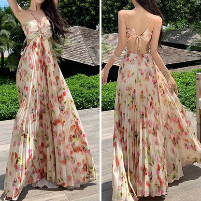 Halter Neck Floral Print Cutout Pleated Open Back Maxi A-Line Dress
