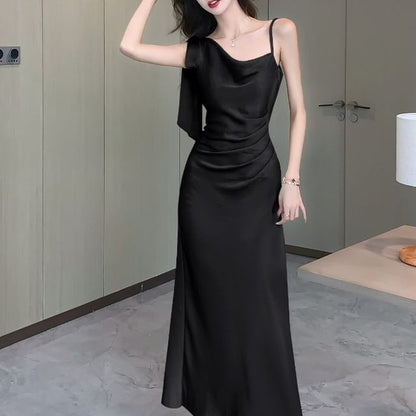 Sleeveless Cowl Neck Plain Asymmetrical Ruched Satin Midi Mermaid Dress