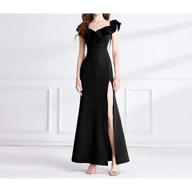 Plain Mermaid Ruffle Evening Gown Short-Sleeve Side-Slit