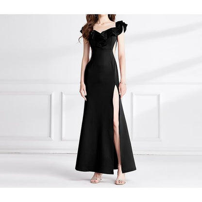 Plain Mermaid Ruffle Evening Gown Short-Sleeve Side-Slit