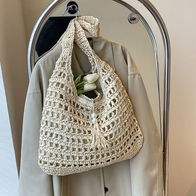 Perforated Tasseled Plain Tote Bag