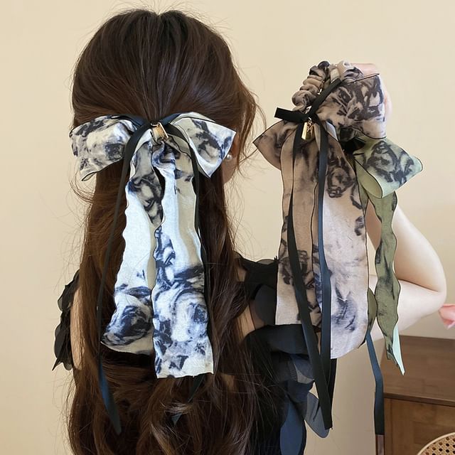 Elegant Retro Floral Print Bowknot Chiffon Hair Scarf Scrunchie