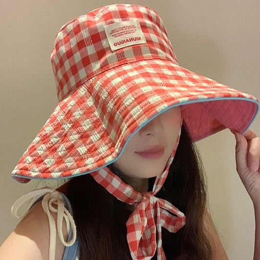 Lettering Applique Plaid Bucket Hat