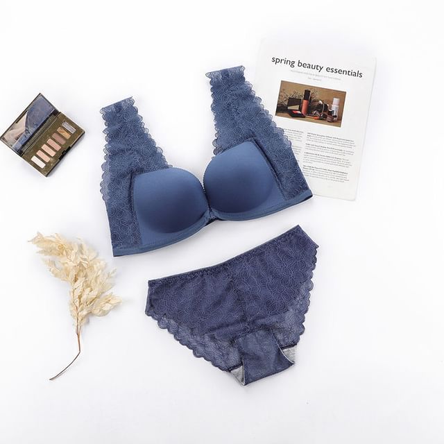 Plain Lace Panel Front Closure Wireless Bra / Panty / Set