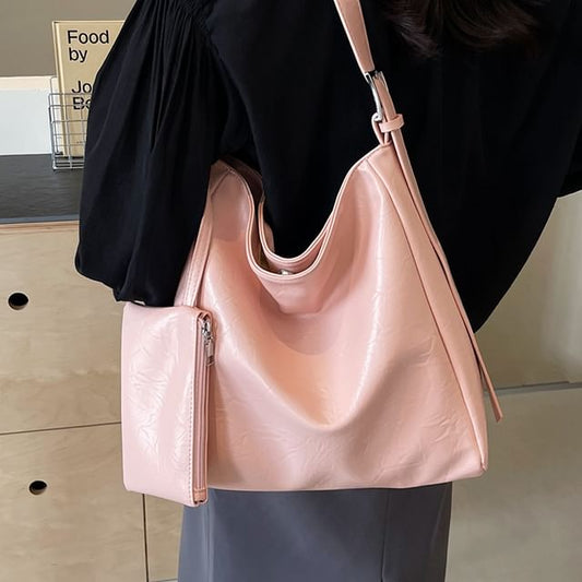 Set: Faux Leather Tote Bag + Pouch