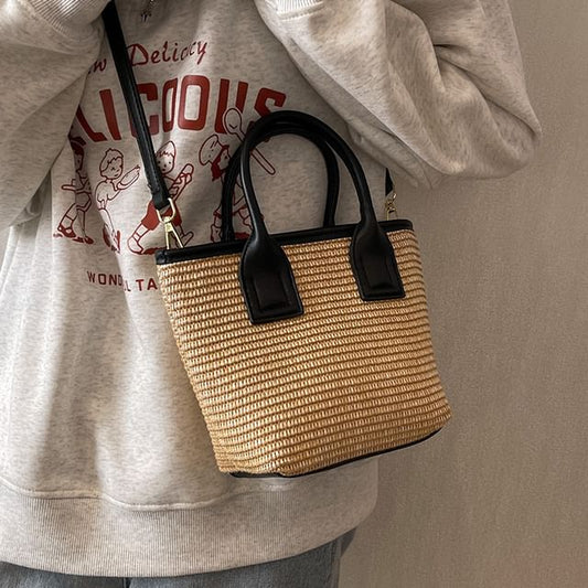 Straw Panel Crossbody Tote Bag