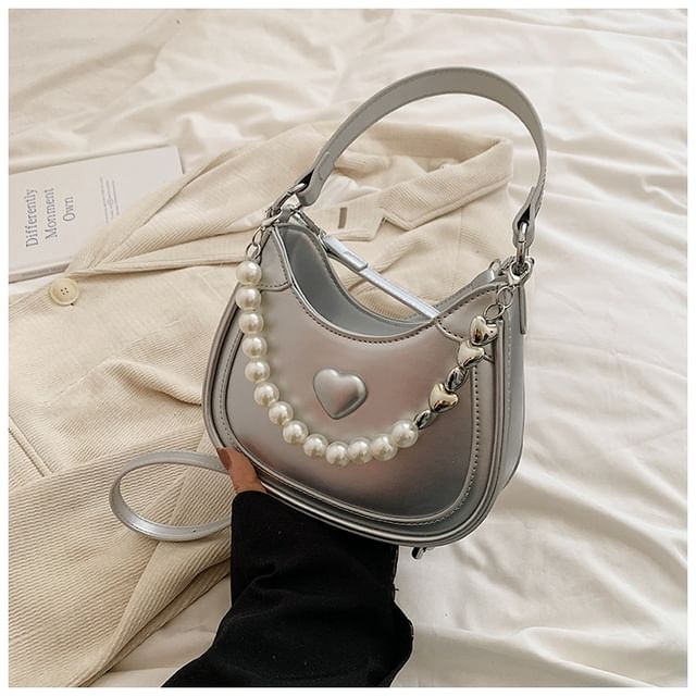 Heart Faux Pearl Chain Shoulder Bag