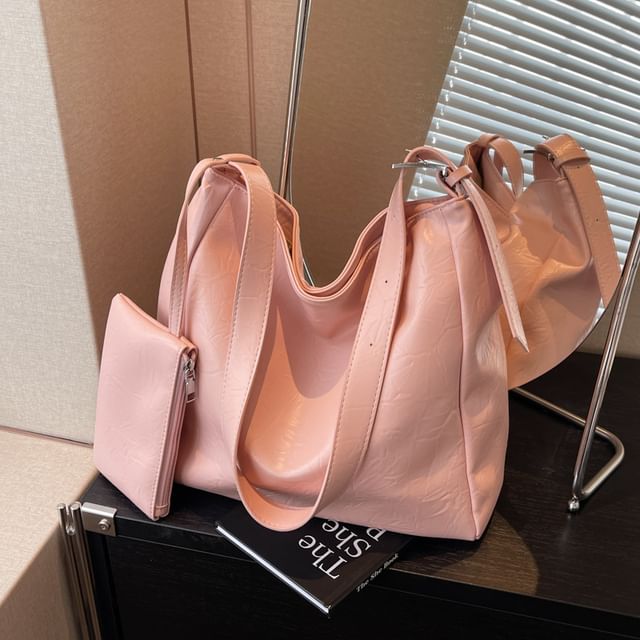 Set: Faux Leather Tote Bag + Pouch