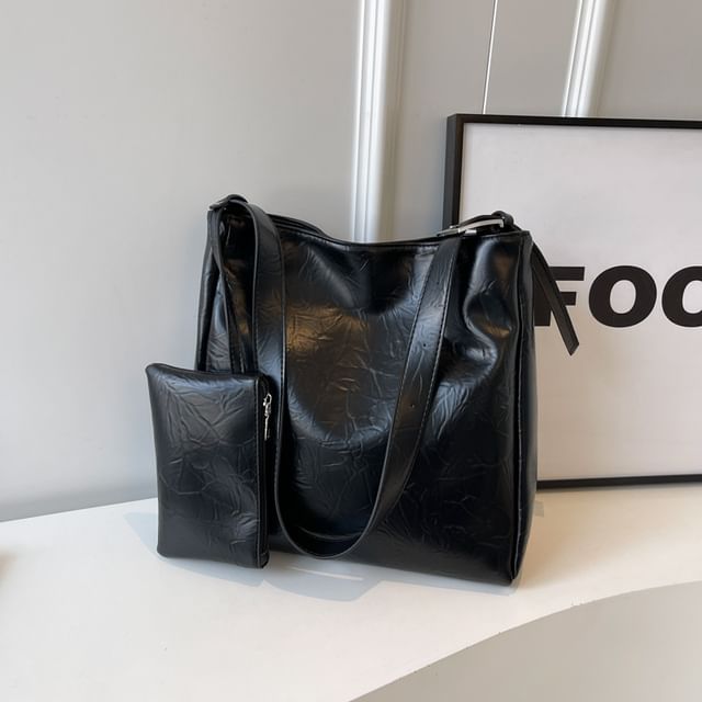 Set: Faux Leather Tote Bag + Pouch