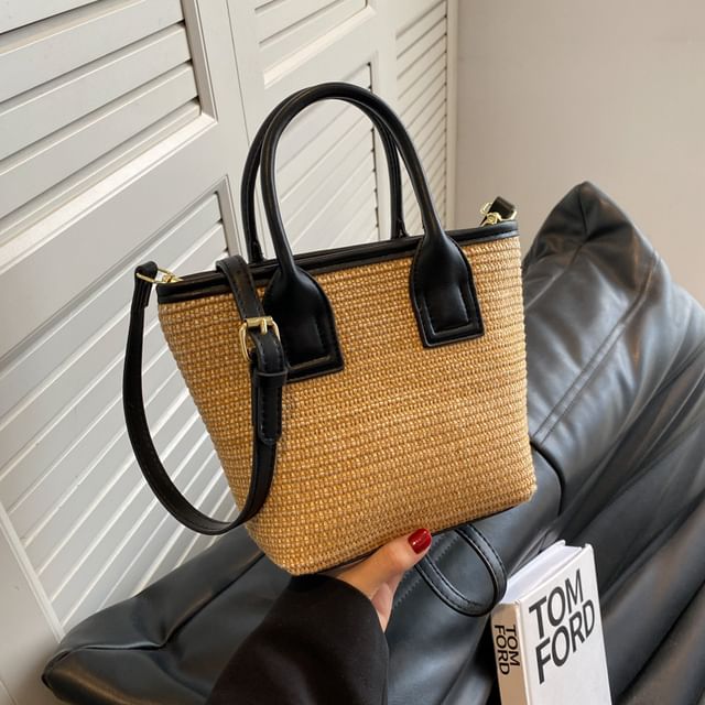 Straw Panel Crossbody Tote Bag