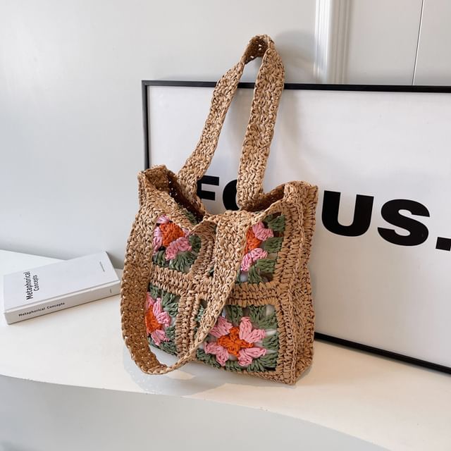 Floral Patterned Straw Tote Bag