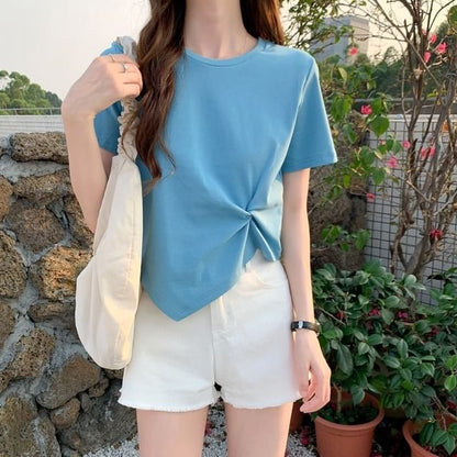Short-Sleeve Crew Neck Plain Asymmetrical Ruched T-Shirt