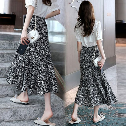 Elastic Waist Floral Print Midi A-Line Skirt