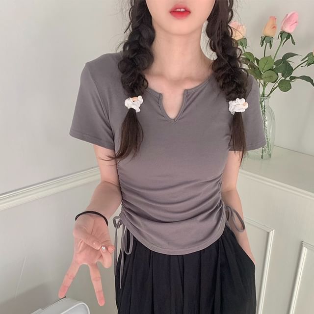 Short-Sleeve Notch Neck Plain Drawstring Waist Tee